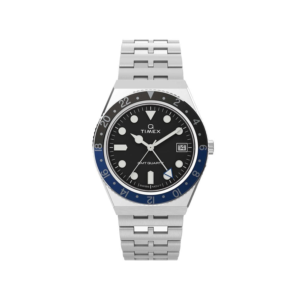 Q Timex GMT 38mm Stainless Steel Watch - Black/Blue