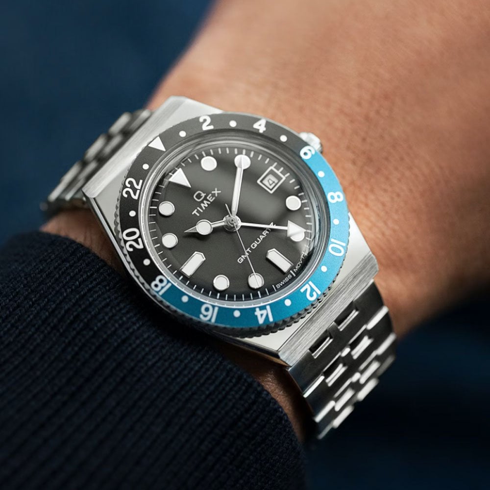 Q Timex GMT 38mm Stainless Steel Watch - Black/Blue