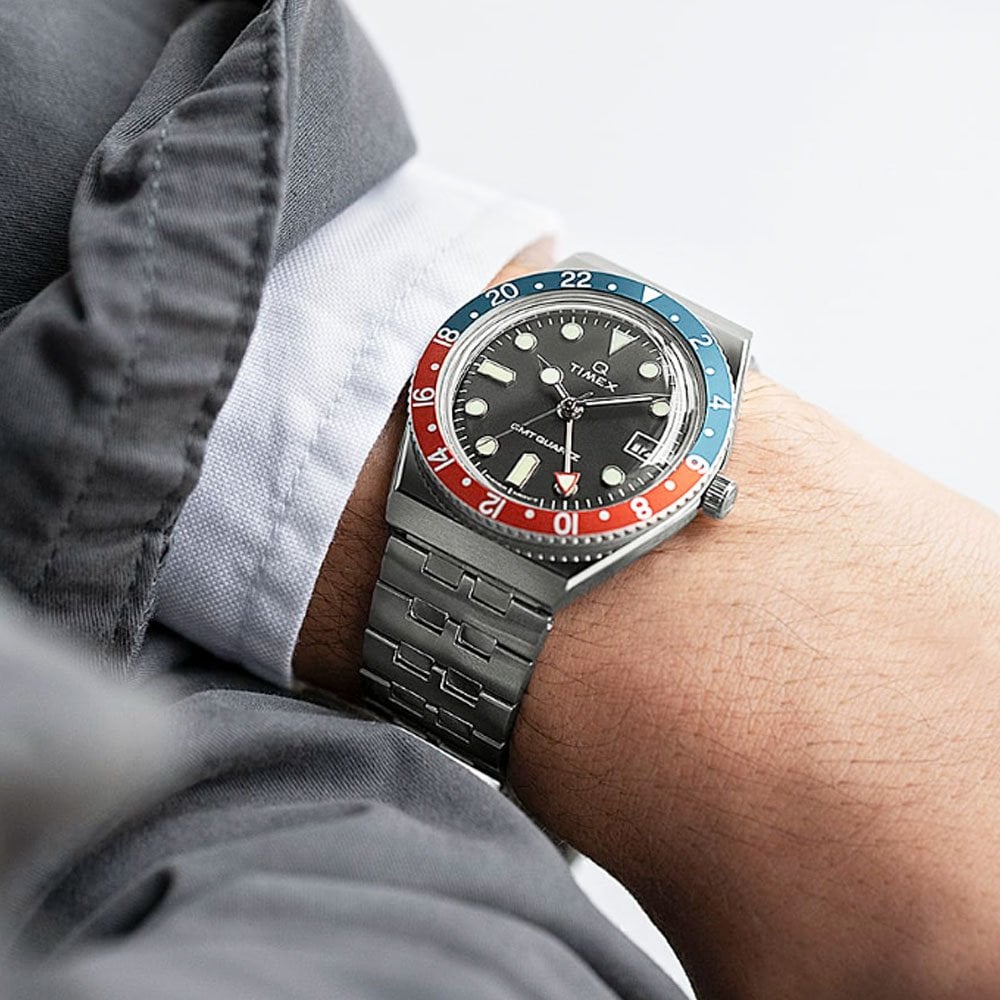 Q Timex GMT 38mm Stainless Steel Watch - Blue/Red