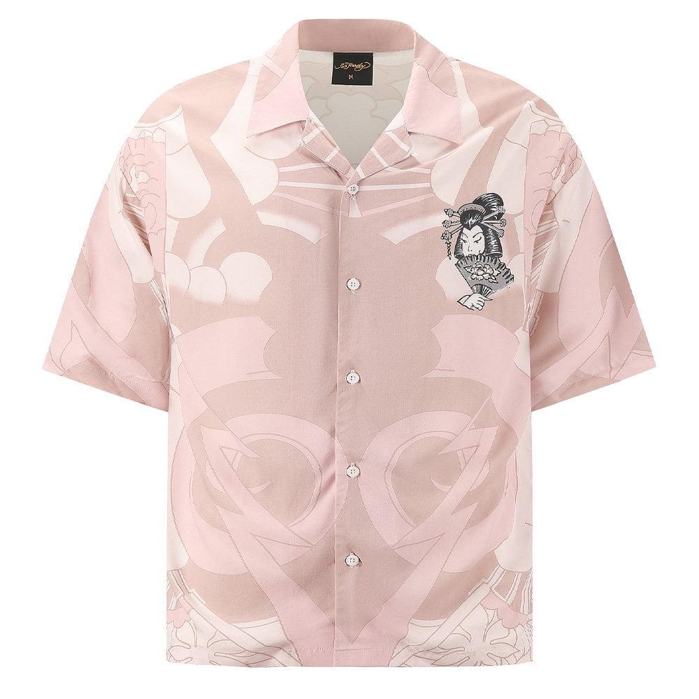 Geisha Fan Camp Short Sleeve Shirt - Pink/White