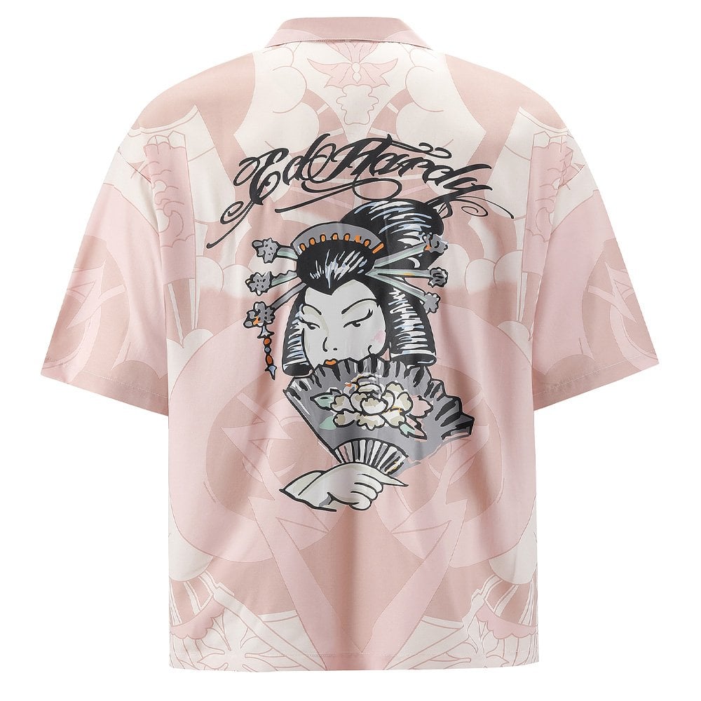 Geisha Fan Camp Short Sleeve Shirt - Pink/White