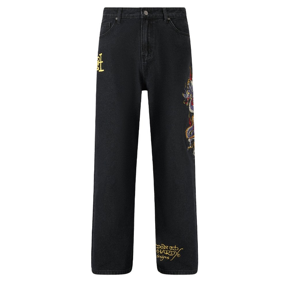 Battle Dragon Tattoo Baggy Jeans - Washed Black