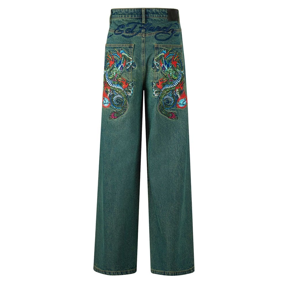 Fireball Dragon Dirty Wash Jeans - Green Tint