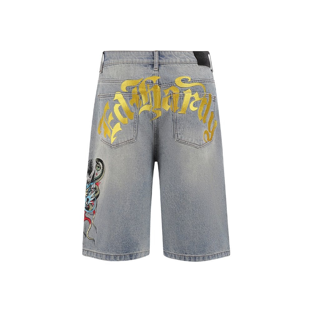 Medusa Dragon Denim Skater Shorts - Bleach