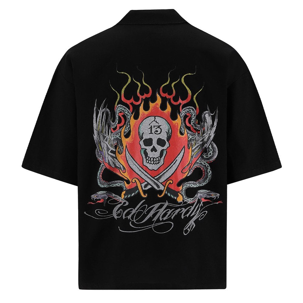Snakes And Skull Flames Printed Camp Shirt - Black