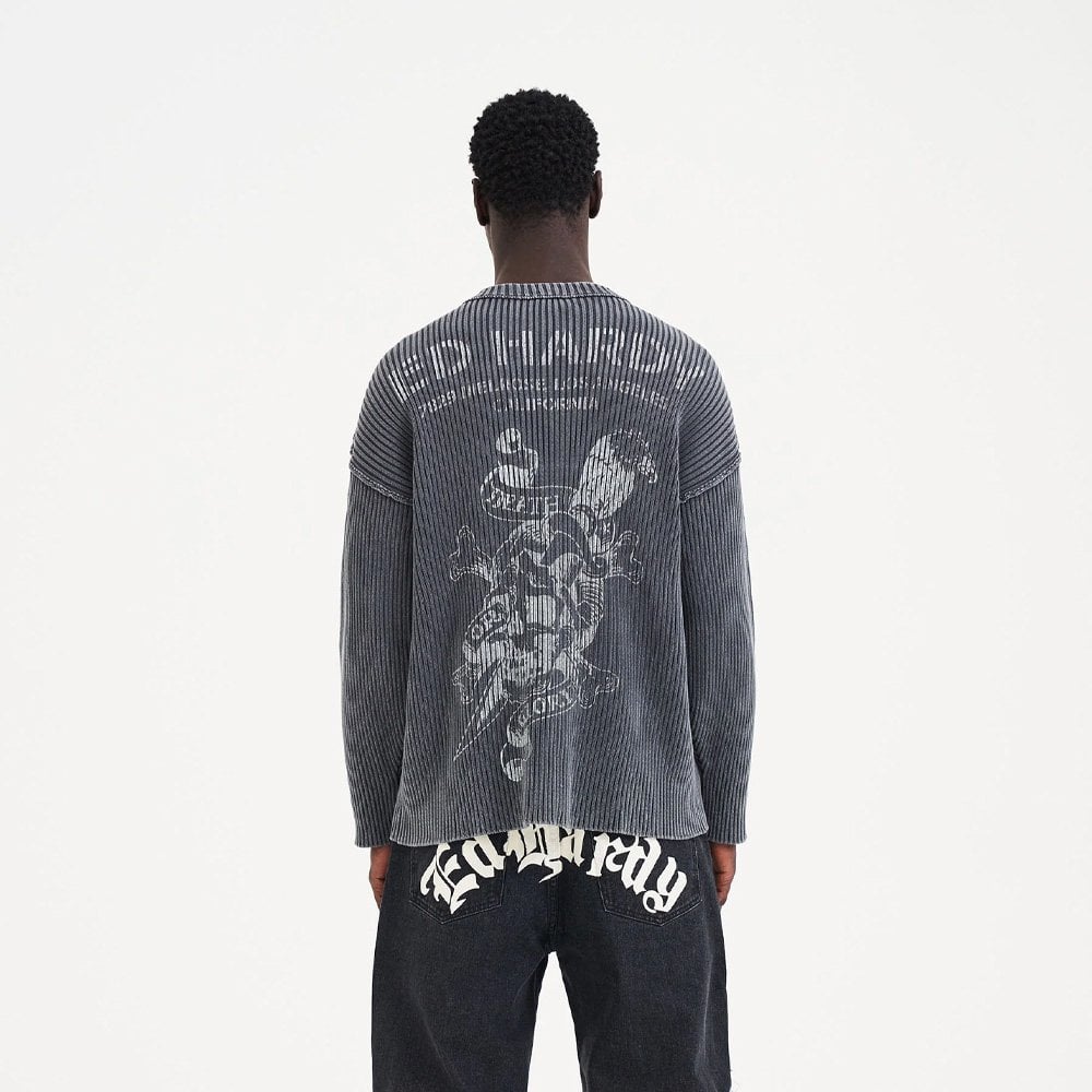 Acid Wash Skull Knitted Jumper - Charcoal