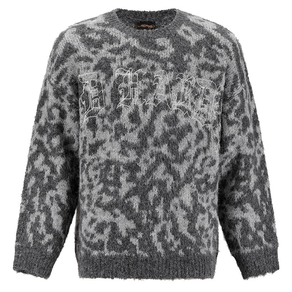 Intarsia Leopard Knitted Crew Jumper - Grey