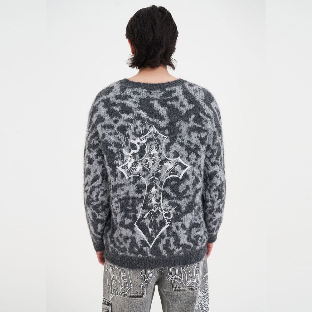 Intarsia Leopard Knitted Crew Jumper - Grey