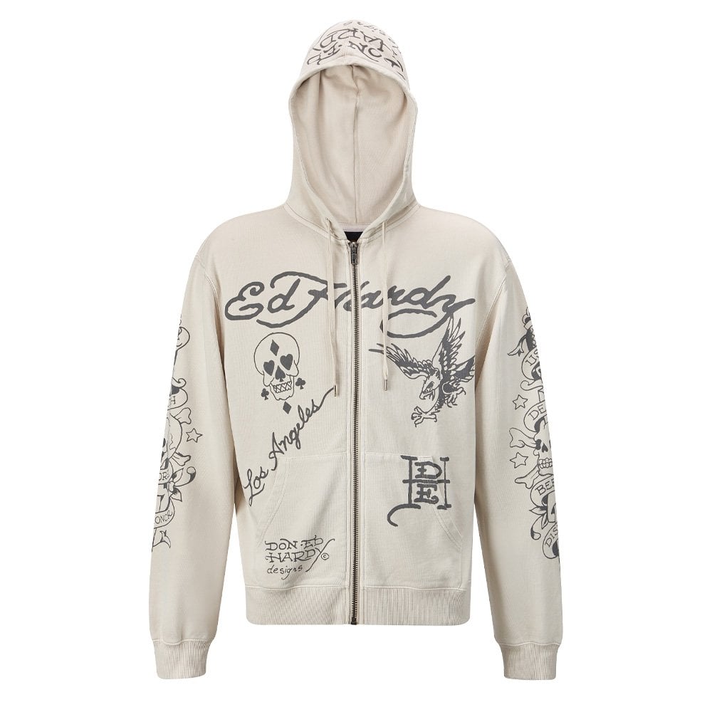 Death Before Mono Zip Thru Hoodie - Beige