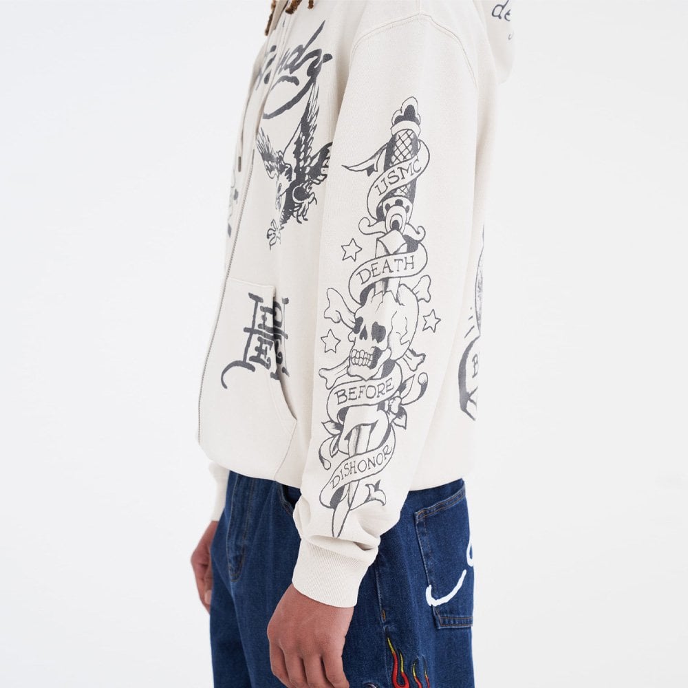 Death Before Mono Zip Thru Hoodie - Beige
