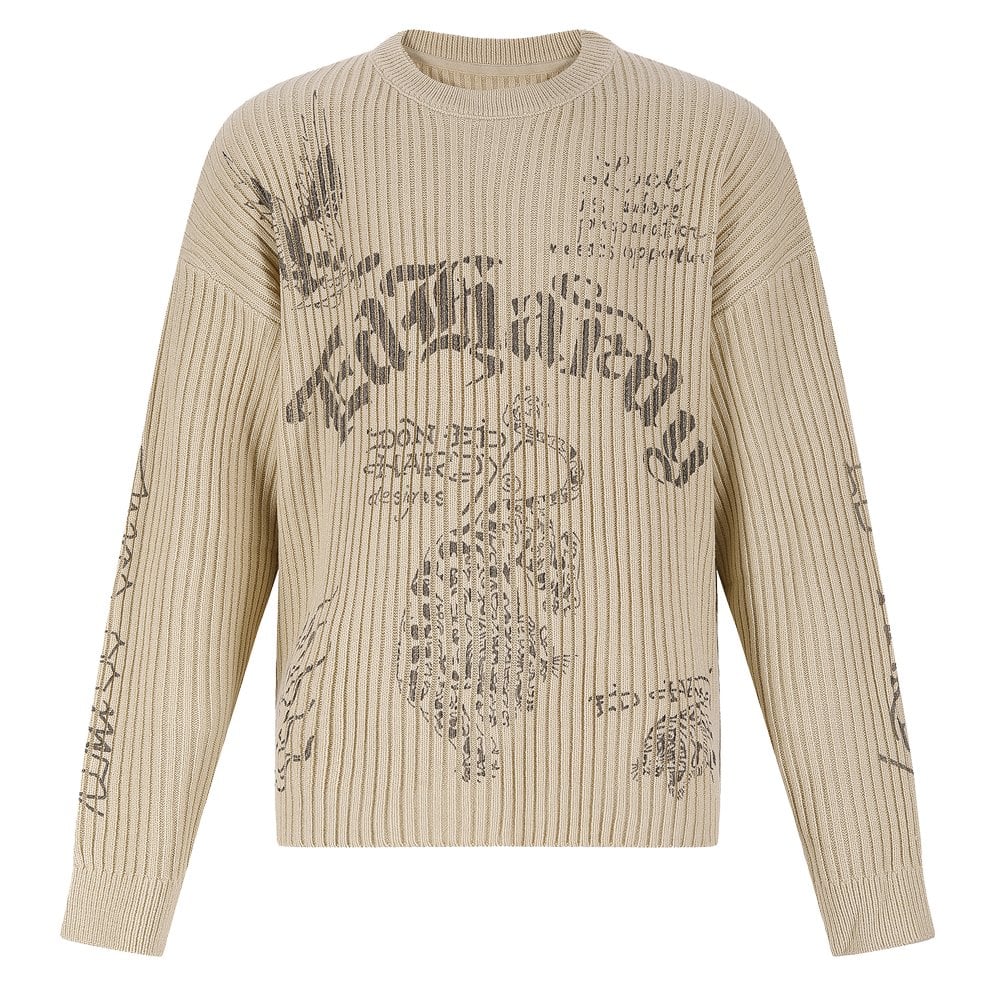 Gothic Ribbed Knit Crewneck Jumper  - Beige