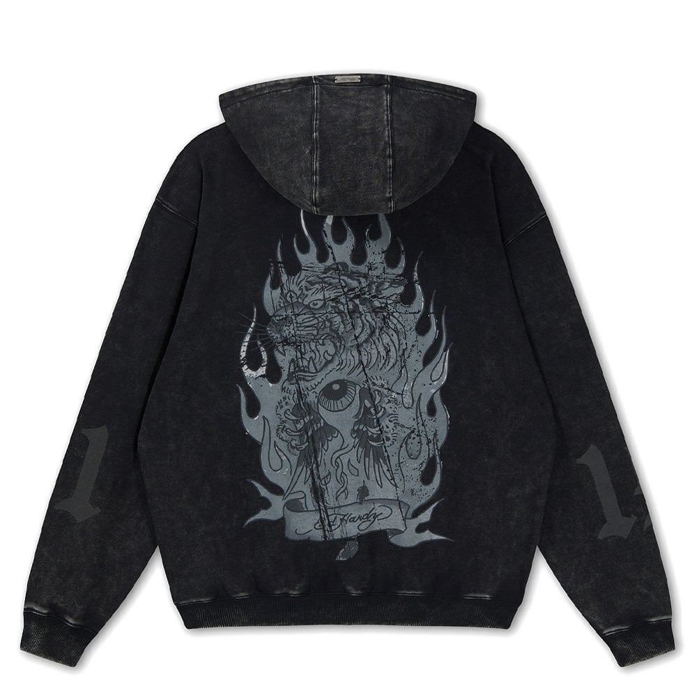 Flaming Tiger Relaxed Hoodie - Black