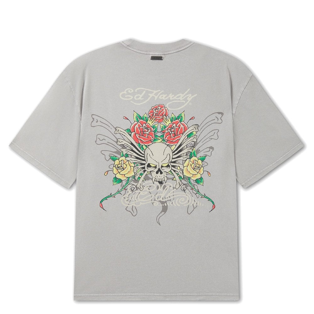 Skull Rose Graphic Relaxed T-Shirt - Grey