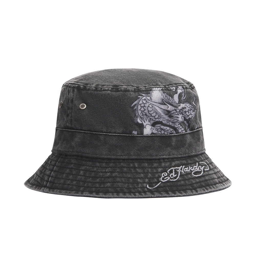 Crawling Dragon Graphic Acid Wash Bucket Hat - Charcoal