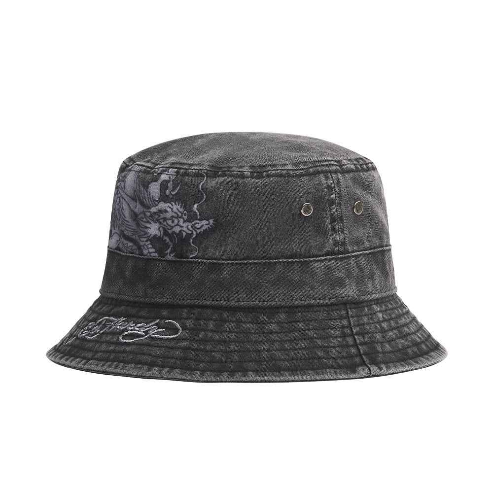 Crawling Dragon Graphic Acid Wash Bucket Hat - Charcoal
