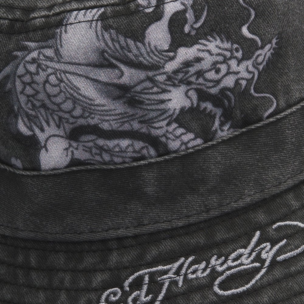 Crawling Dragon Graphic Acid Wash Bucket Hat - Charcoal