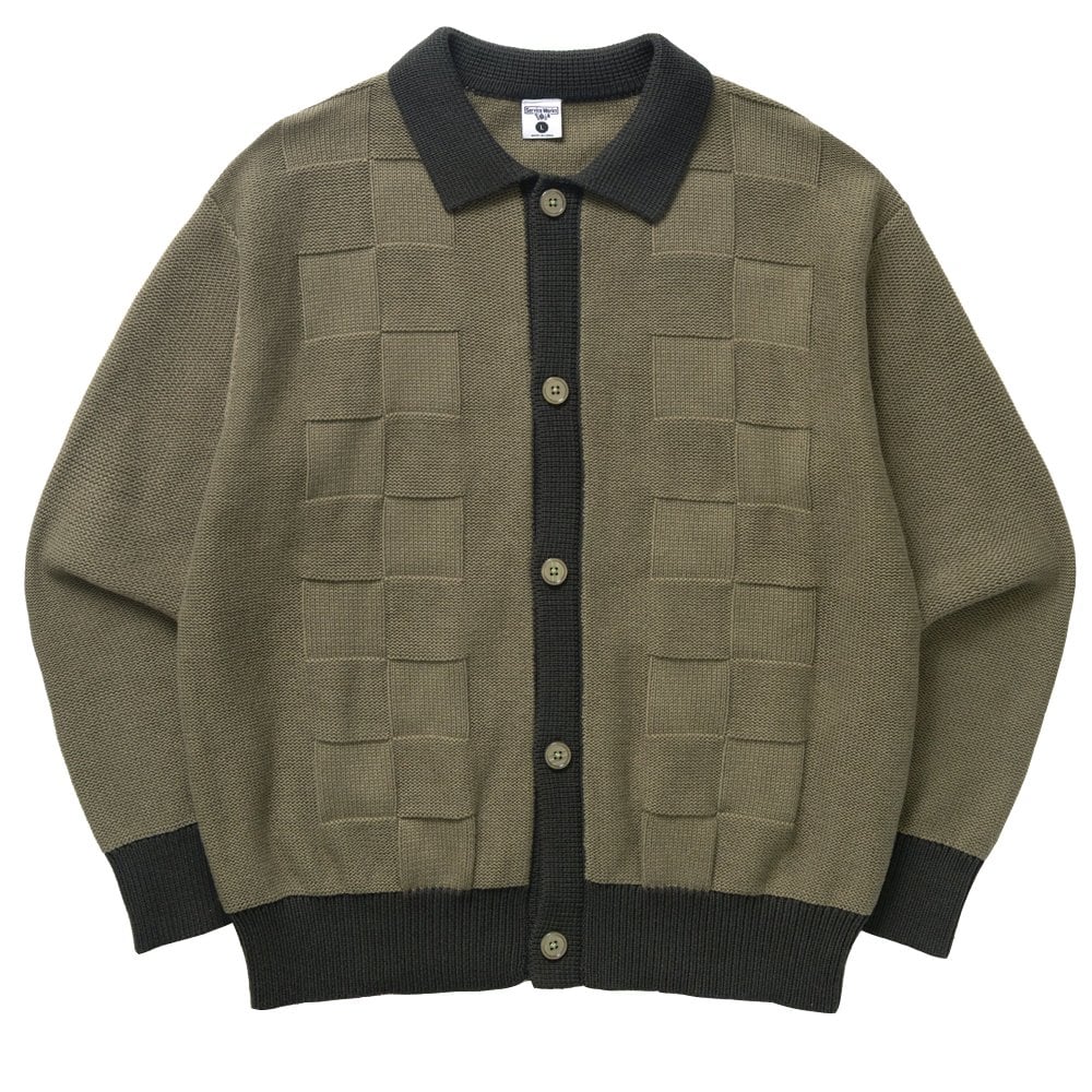 Check Panel Cardigan - Olive