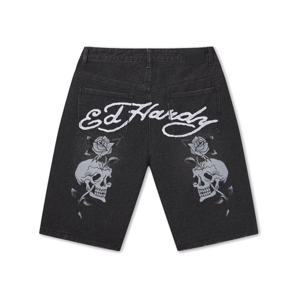 Signature Skull Rose Relaxed Jorts - Black