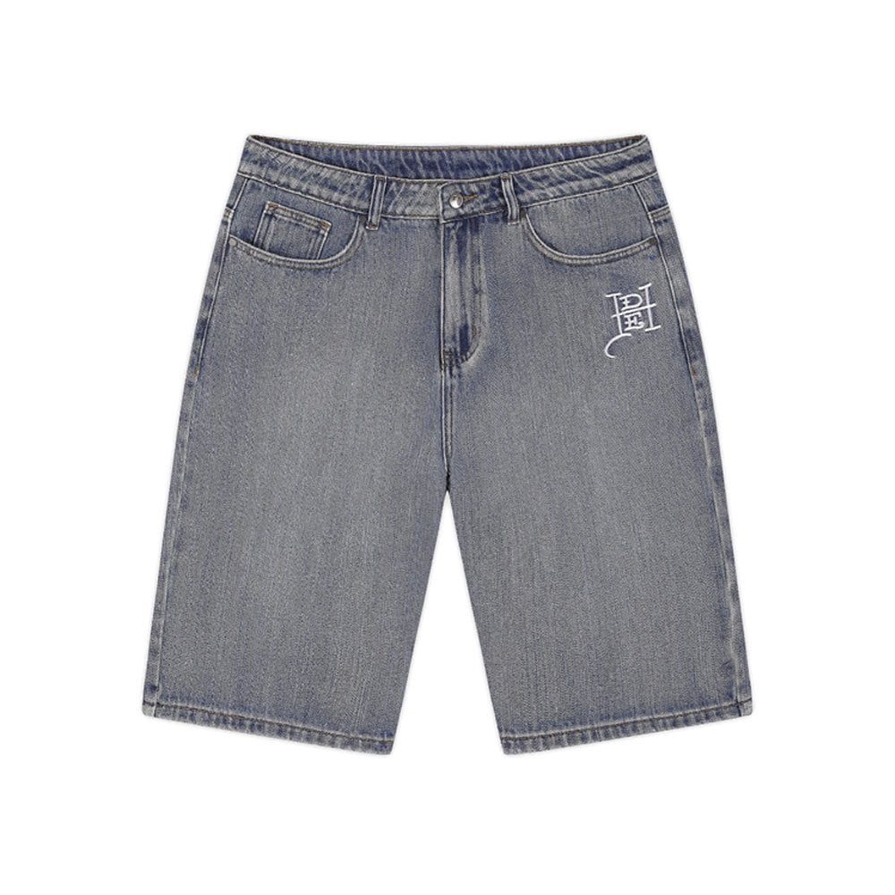 Gothic Floral Skull Denim Jorts - Distress Blu