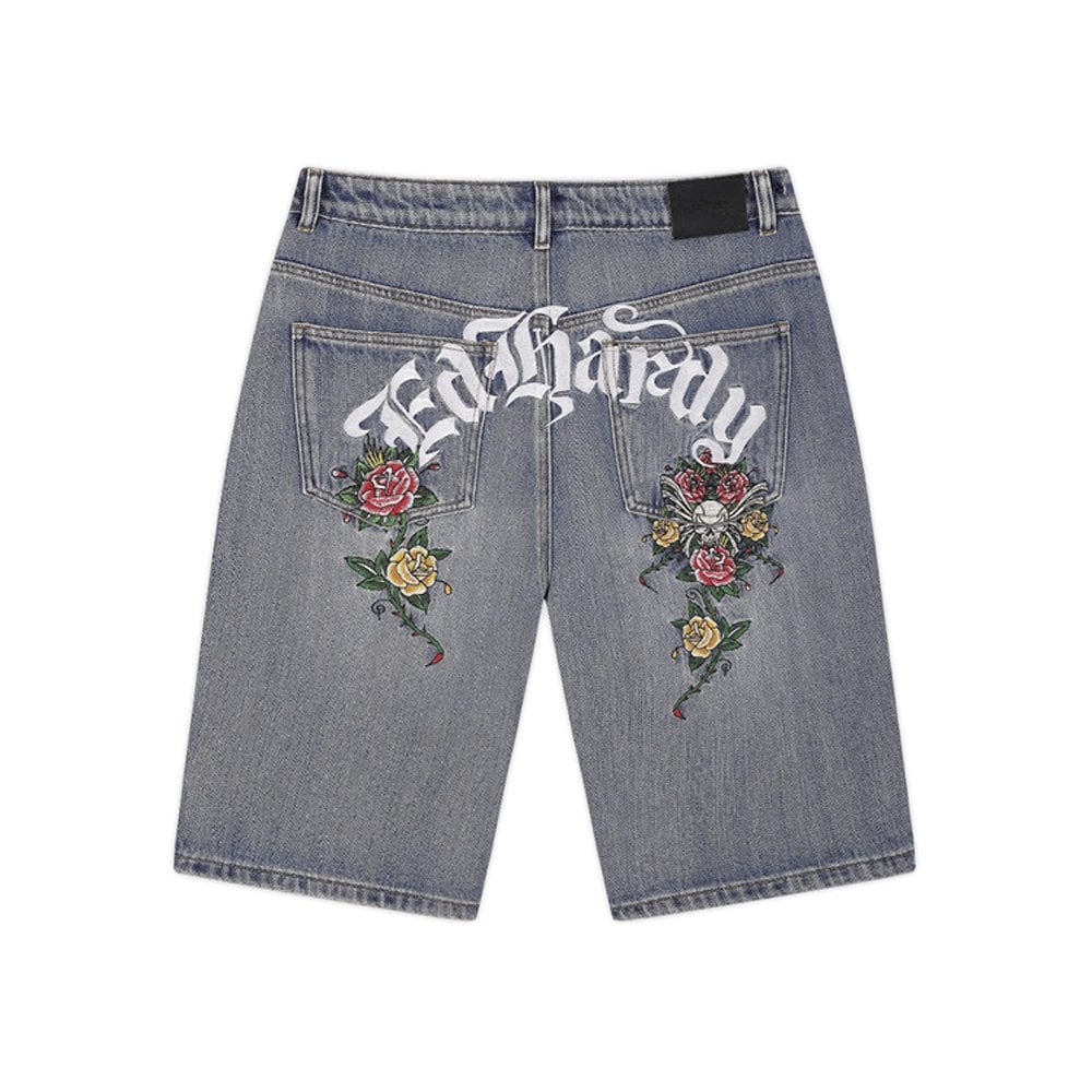 Gothic Floral Skull Denim Jorts - Distress Blu