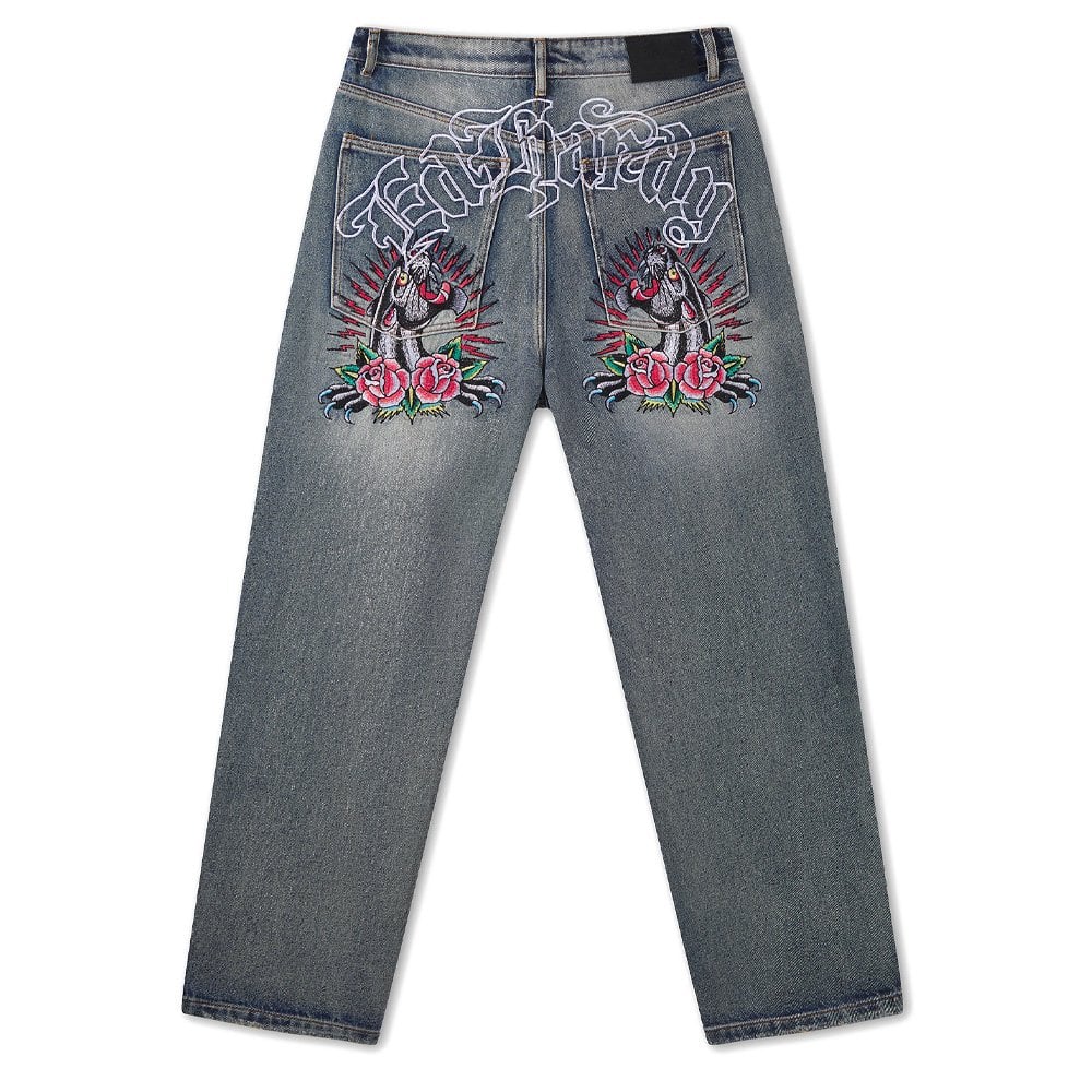 Embroidered Panther Relaxed Jeans - Blue Blasted