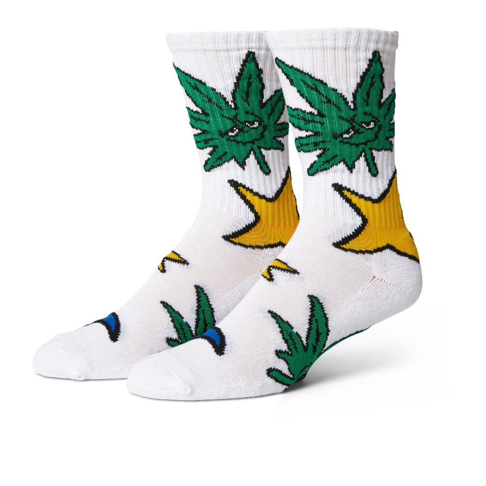 Green Buddy Star Sign Crew Socks - White